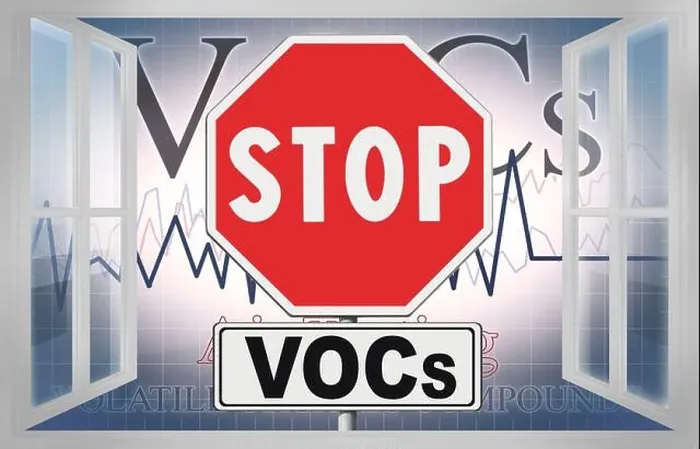 Framed Print : STOP Volatile organic compounds VOCs indoor pollutant - concept image view from an open window