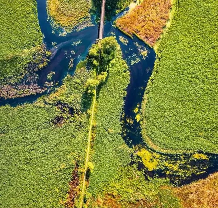 Framed Print : Straight dawn view from flying drone of bridge over Seret river Framed Print : Straight dawn view from flying drone of bridge over Seret river