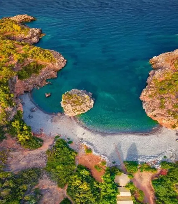 Framed Print : Straight down morning view of Foneas beach Framed Print : Straight down morning view of Foneas beach