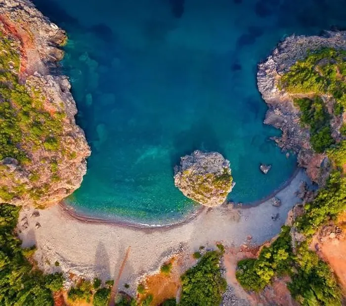 Framed Print : Straight down morning view of Foneas beach Framed Print : Straight down morning view of Foneas beach