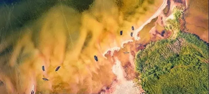 Framed Print : Straight down view from flying drone of shore and fishing boats on Svityaz lake Framed Print : Straight down view from flying drone of shore and fishing boats on Svityaz lake