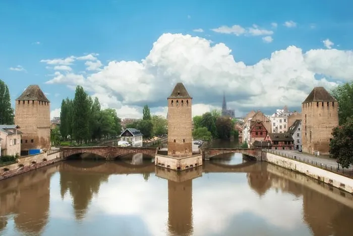 Framed Print : Strasbourg medieval bridge Ponts Couverts and cathedral, view from Barrage Vauban in Strasbourg, Alsace, France Framed Print : Strasbourg medieval bridge Ponts Couverts and cathedral, view from Barrage Vauban in Strasbourg, Alsace, France