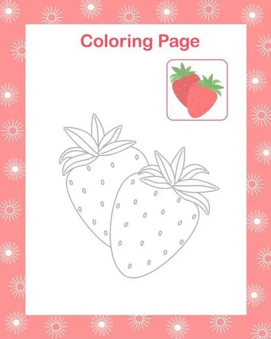 Framed Print : Strawberry fruit simple cartoon coloring page with sample image vector illustration Framed Print : Strawberry fruit simple cartoon coloring page with sample image vector illustration