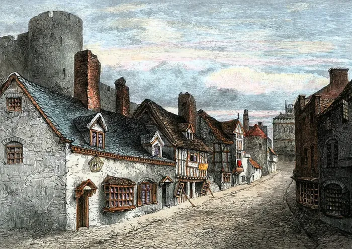 Framed Print : Street of Castle Gate, Shrewsbury, England, in Tudor times. Hand-colored woodcut Framed Print : Street of Castle Gate, Shrewsbury, England, in Tudor times. Hand-colored woodcut