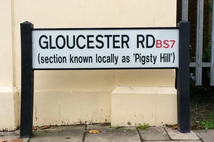 Framed Print : A street name sign for Gloucester Road, known locally as Pigsty Hill in Bristol, England Framed Print : A street name sign for Gloucester Road, known locally as Pigsty Hill in Bristol, England