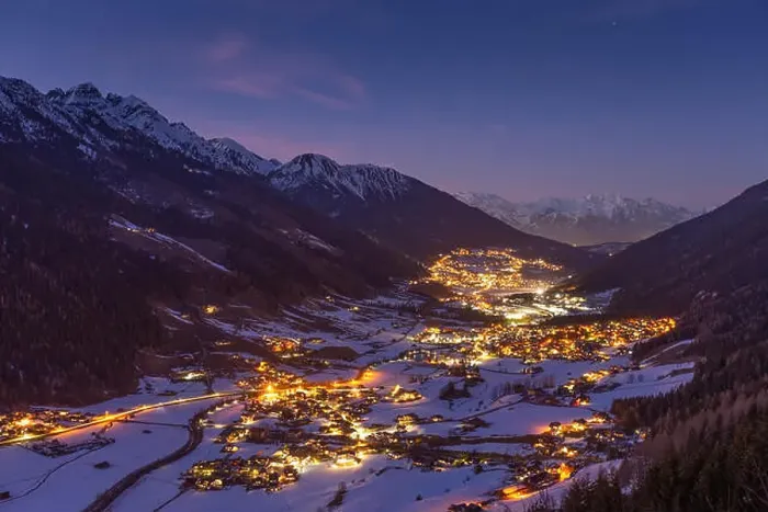 Framed Print : Stubai valley. Stubaital. Night landscape, winter season. Town lights. Austrian Alps. Austria. Europe Framed Print : Stubai valley. Stubaital. Night landscape, winter season. Town lights. Austrian Alps. Austria. Europe