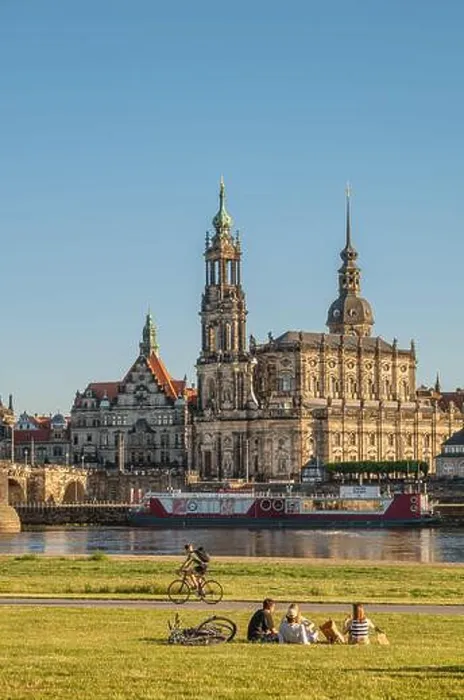 Framed Print : Students enjoy sunset in front the Dresden skyline, Saxony, Germany Framed Print : Students enjoy sunset in front the Dresden skyline, Saxony, Germany