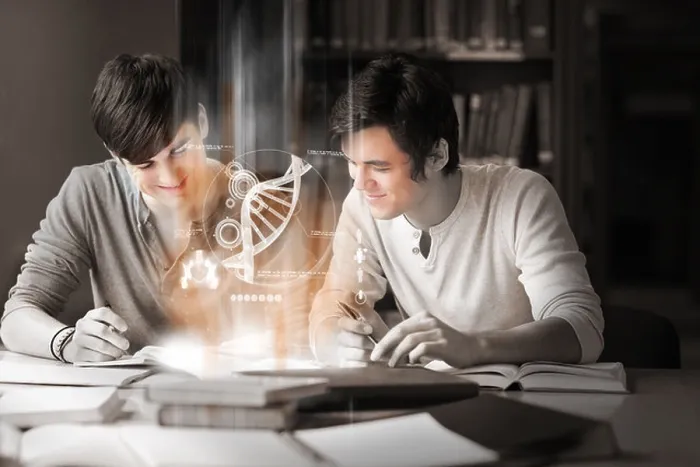 Framed Print : Students using futuristic interface to learn about science from digital tablet