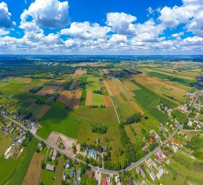 Framed Print : Stunning aerial panorama from a drone of countryside, village, green fields and trees, agriculture concept Framed Print : Stunning aerial panorama from a drone of countryside, village, green fields and trees, agriculture concept