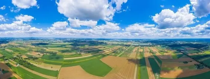 Framed Print : Stunning aerial panorama from a drone of countryside, village, green fields and trees, agriculture concept Framed Print : Stunning aerial panorama from a drone of countryside, village, green fields and trees, agriculture concept