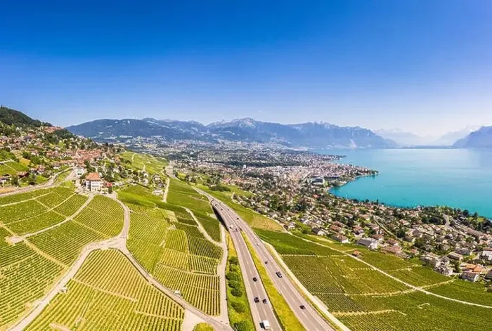 Framed Print : Stunning aerial view of the famous Lavaux vineyard by Vevey and lake Geneva in Canton Vaud in Switzerland Framed Print : Stunning aerial view of the famous Lavaux vineyard by Vevey and lake Geneva in Canton Vaud in Switzerland