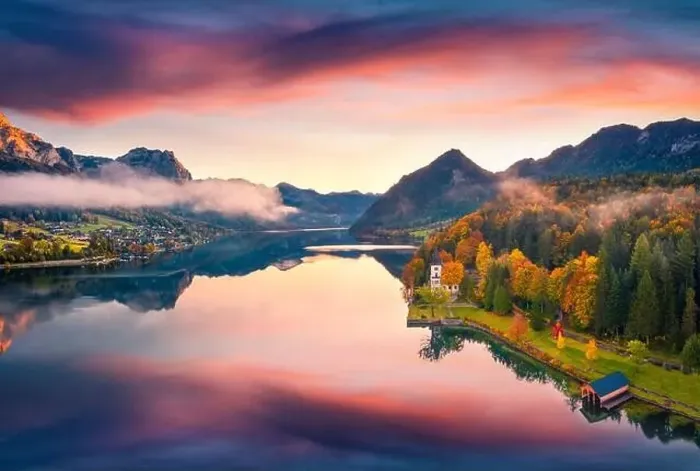 Framed Print : Stunning autumn view from flying drone of Grundlsee lake Framed Print : Stunning autumn view from flying drone of Grundlsee lake