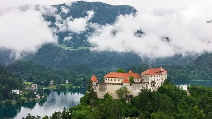 Framed Print : Stunning Drone Shot of Bled Castle at Lake Bled, Slovenia Framed Print : Stunning Drone Shot of Bled Castle at Lake Bled, Slovenia