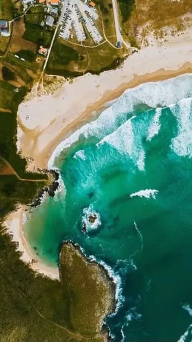 Framed Print : Stunning drone shot overlooking the rugged coastline and turquoise waters of Galicia Framed Print : Stunning drone shot overlooking the rugged coastline and turquoise waters of Galicia