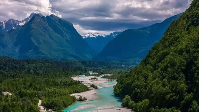 Framed Print : Stunning Drone Shot of Soca River with Mountains in Background, Bovec Framed Print : Stunning Drone Shot of Soca River with Mountains in Background, Bovec