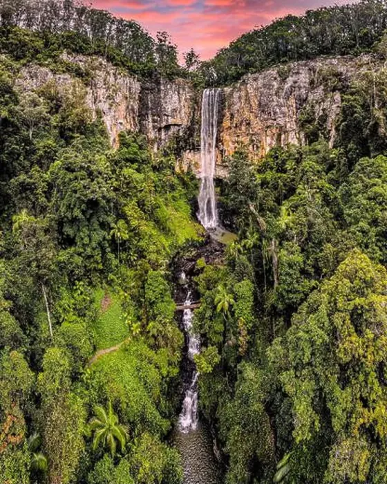 Framed Print : Stunning landscape view in Springbrook National Park at sunset with cascading Purling Brook Falls in view Framed Print : Stunning landscape view in Springbrook National Park at sunset with cascading Purling Brook Falls in view