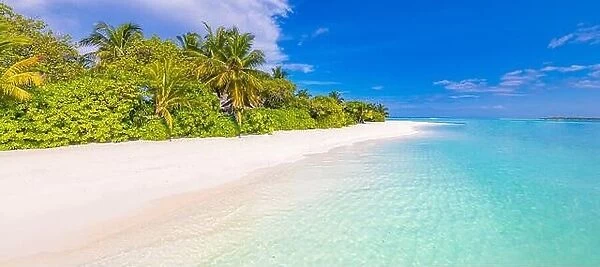 Stunning paradise beach. Tropical landscape of summer island scenery white sand palm trees. Luxury travel vacation destination. Exotic beach landscape