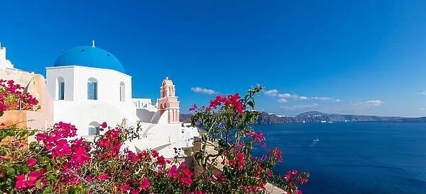 Stunning summer holiday destination. Luxury travel holiday in Santorini island, Greece. Amazing sea view caldera, white architecture famous Oia