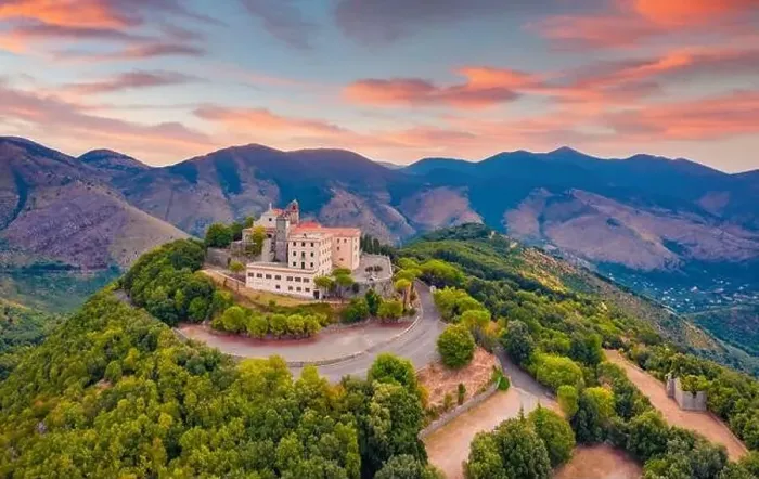 Framed Print : Stunning summer view from flying drone of Sanctuary of the Madonna della Civita Catholic church Framed Print : Stunning summer view from flying drone of Sanctuary of the Madonna della Civita Catholic church