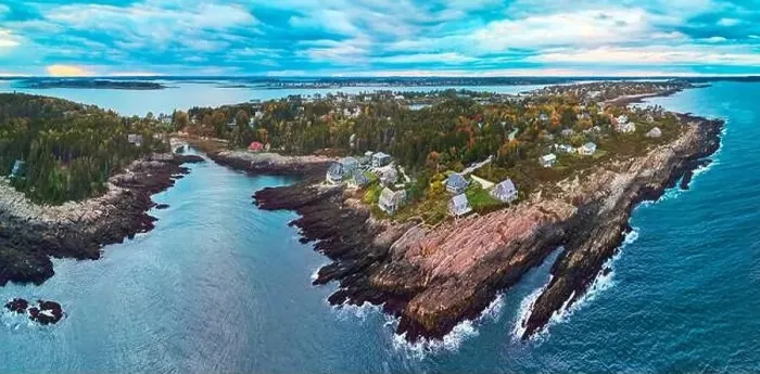 Framed Print : Stunning wide panorama over Maine rocky coastline from drone Framed Print : Stunning wide panorama over Maine rocky coastline from drone