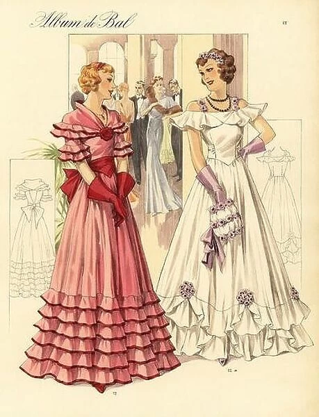 Style dresses in taffetas. Fichu, sleeve and skirt garniture formed of flounces, edged with cered ribbon