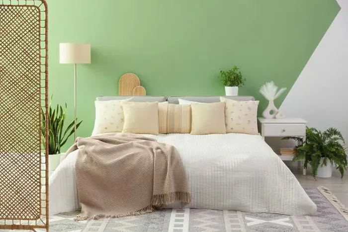 Framed Print : Stylish bedroom interior with large bed, houseplants and decorative elements Framed Print : Stylish bedroom interior with large bed, houseplants and decorative elements
