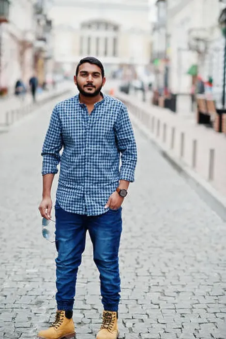 Framed Print : Stylish indian beard model man in casual clothes posed outdoor at street of India Framed Print : Stylish indian beard model man in casual clothes posed outdoor at street of India