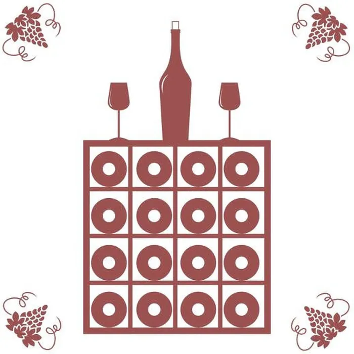 Framed Print : Stylized icon of a colored wine rack, bottle of wine, wine glasses and grapes on a white background