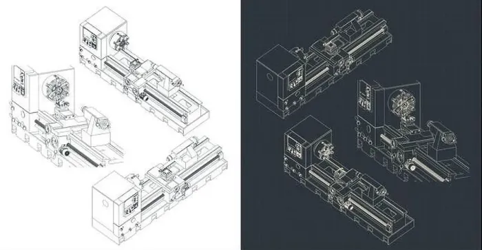 Framed Print : Stylized vector illustration of isometric blueprints of mechanical lathe Framed Print : Stylized vector illustration of isometric blueprints of mechanical lathe