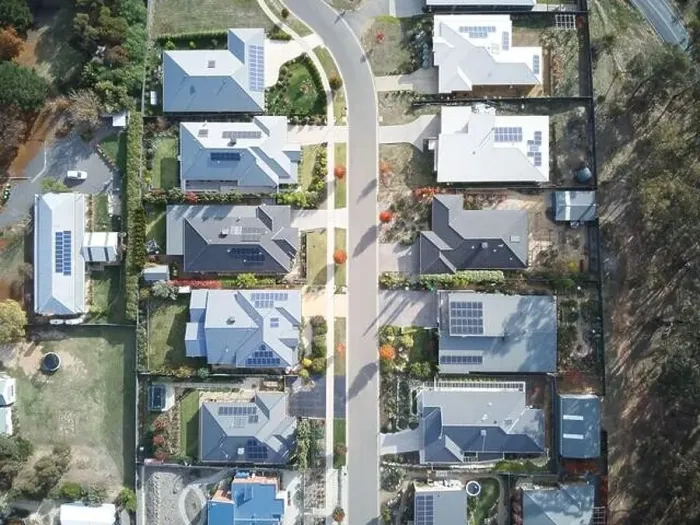 Framed Print : Suburban homes Australia aerial view showing residential street Framed Print : Suburban homes Australia aerial view showing residential street