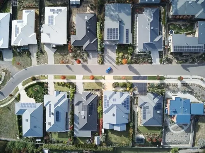 Framed Print : Suburban houses Australia aerial view showing residential street Framed Print : Suburban houses Australia aerial view showing residential street