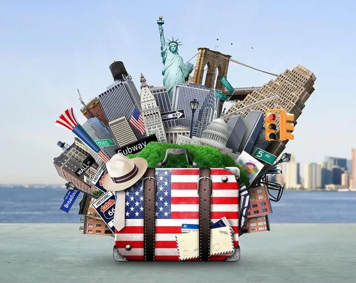 Framed Print : Suitcase with American flag on the background of USA landmarks Framed Print : Suitcase with American flag on the background of USA landmarks