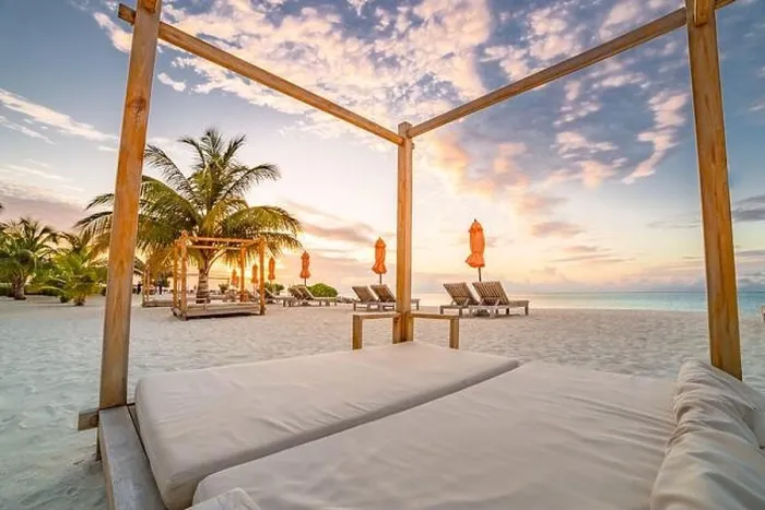Framed Print : Summer beach landscape. Luxury vacation and holiday concept, summer travel banner. Panoramic landscape of sunset beach, two loungers umbrella, palms Framed Print : Summer beach landscape. Luxury vacation and holiday concept, summer travel banner. Panoramic landscape of sunset beach, two loungers umbrella, palms