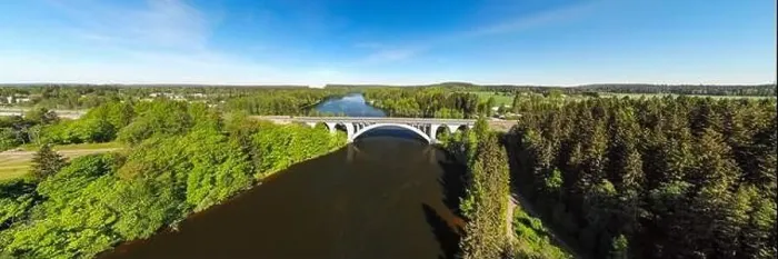 Framed Print : Summer panoramic aerial view of bridge and Kymijoki river waters in Finland, Kymenlaakso, Kouvola, Koria Framed Print : Summer panoramic aerial view of bridge and Kymijoki river waters in Finland, Kymenlaakso, Kouvola, Koria