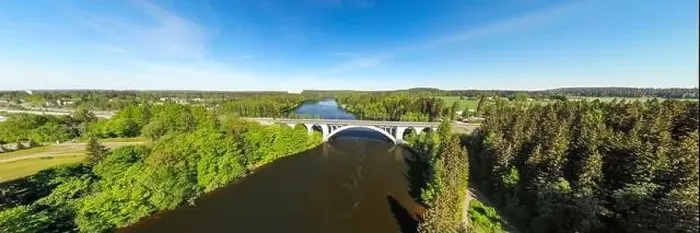 Framed Print : Summer panoramic aerial view of bridge and Kymijoki river waters in Finland, Kymenlaakso, Kouvola, Koria Framed Print : Summer panoramic aerial view of bridge and Kymijoki river waters in Finland, Kymenlaakso, Kouvola, Koria
