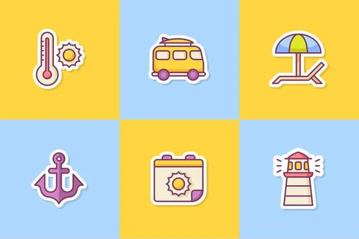 Framed Print : summer sticker icon icons set collection package with color outline style vector design illustration