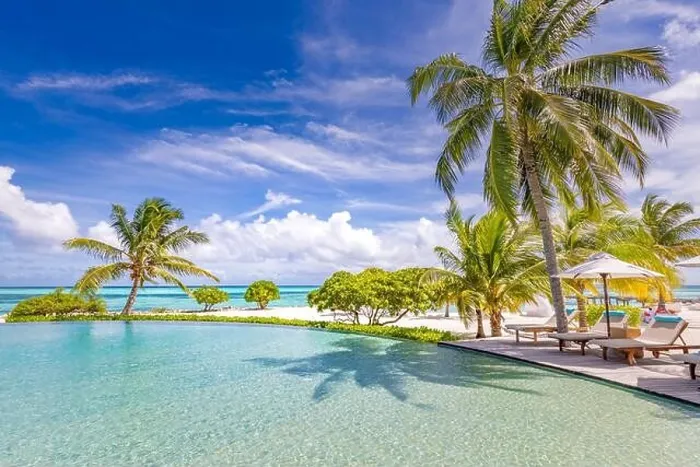 Framed Print : Summer tourism landscape. Luxurious beach resort with swimming pool and beach chairs or loungers under umbrellas infinity pool palm trees, blue sky Framed Print : Summer tourism landscape. Luxurious beach resort with swimming pool and beach chairs or loungers under umbrellas infinity pool palm trees, blue sky