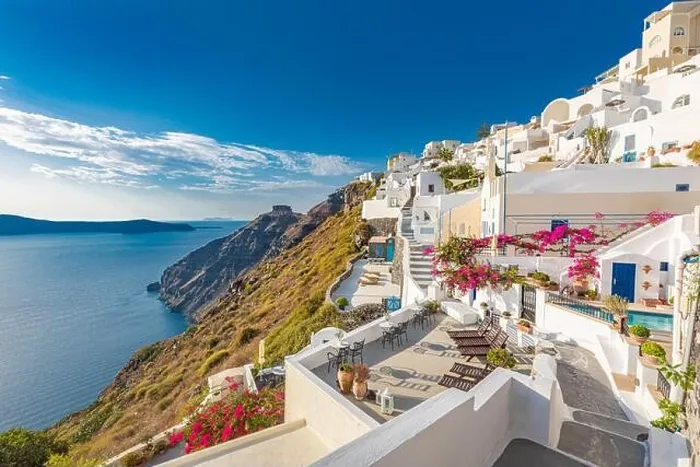 Framed Print : Summer vacation for travel destination flowers background. Wonderful scenery background, perfect holiday. Scenic view of traditional cycladic houses Framed Print : Summer vacation for travel destination flowers background. Wonderful scenery background, perfect holiday. Scenic view of traditional cycladic houses