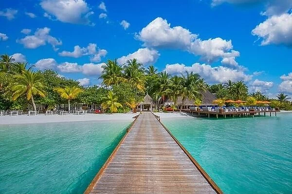 Summer vacation on a tropical island hotel resort with beautiful beach and palm trees, pier jetty path paradise landscape. Idyllic tourism relaxing
