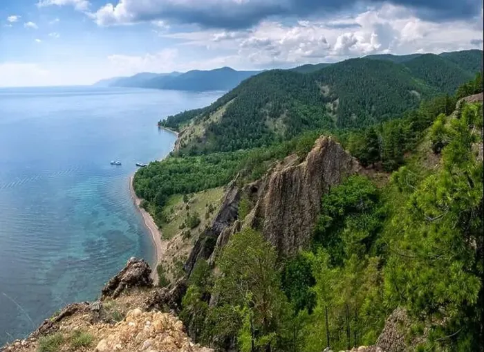 Framed Print : Summer view above from cliff to lake Baikal on sunny day. Beautiful panoramic landscape with clouds Framed Print : Summer view above from cliff to lake Baikal on sunny day. Beautiful panoramic landscape with clouds