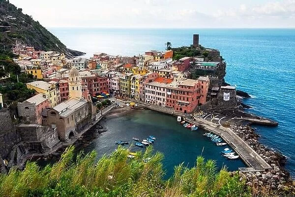 Summer view of Vernazza village - one of five famous villages in Cinque Terre National Park, Liguria region, Italy. Landscape photography