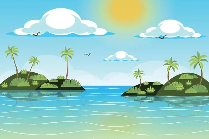 Framed Print : Sun shines over tropical islands landscape background in flat style Framed Print : Sun shines over tropical islands landscape background in flat style