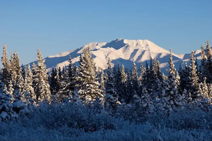 Framed Print : Sun shining on snow covered trees and mountain on winter day near Delta Junciton, Alaska Framed Print : Sun shining on snow covered trees and mountain on winter day near Delta Junciton, Alaska