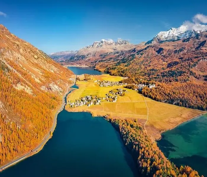 Framed Print : Sunny autumn view from flying drone of Sils lake Framed Print : Sunny autumn view from flying drone of Sils lake