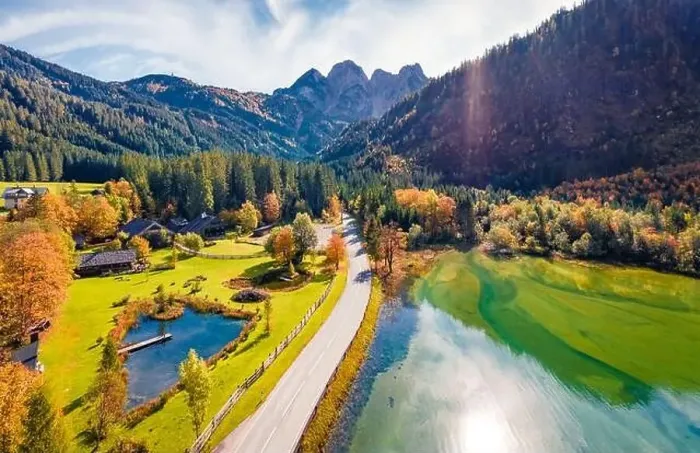 Framed Print : Sunny morning view from flying drone of Gosaubach lake Framed Print : Sunny morning view from flying drone of Gosaubach lake