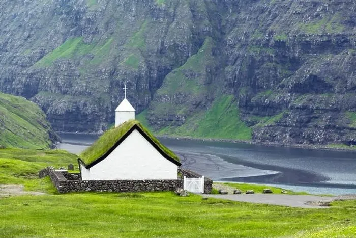 Framed Print : Sunny summer view of traditional turf-top church Saksunar Kirkja Framed Print : Sunny summer view of traditional turf-top church Saksunar Kirkja