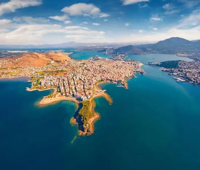 Framed Print : Sunny view from flying drone of Chalcis town Framed Print : Sunny view from flying drone of Chalcis town