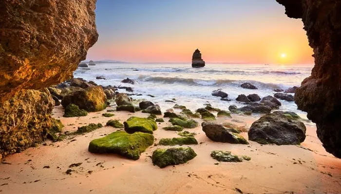 Framed Print : Sunrise at Algarve rocky beach near Lagos, Algarve, Portugal Framed Print : Sunrise at Algarve rocky beach near Lagos, Algarve, Portugal