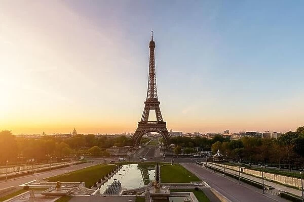 Sunrise in Eiffel Tower in Paris, France. Eiffel Tower is famous place in Paris, France