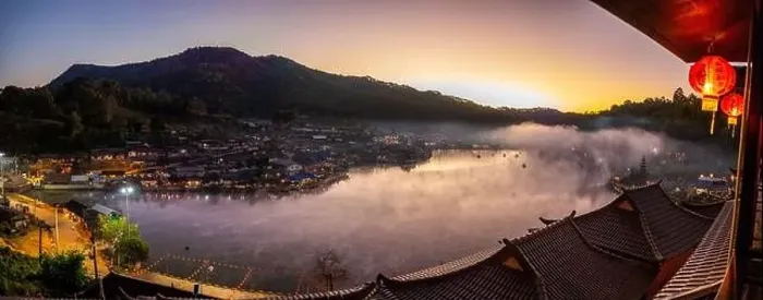 Framed Print : Sunrise with fog over Ban Rak thai, chinese village near a lake in Mae Hong Son, Thailand